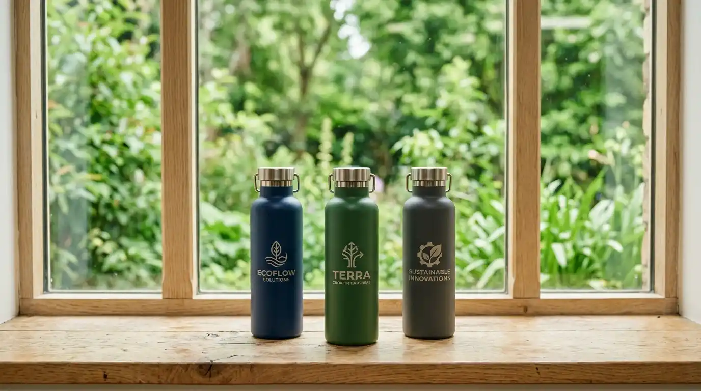 Gourde personnalisée entreprise : le guide complet 2026 7 Trois gourdes isothermes personnalisées Balzeo en bleu marine, vert forêt et gris anthracite sur rebord de fenêtre en bois, végétation en arrière-plan flou, ambiance RSE
