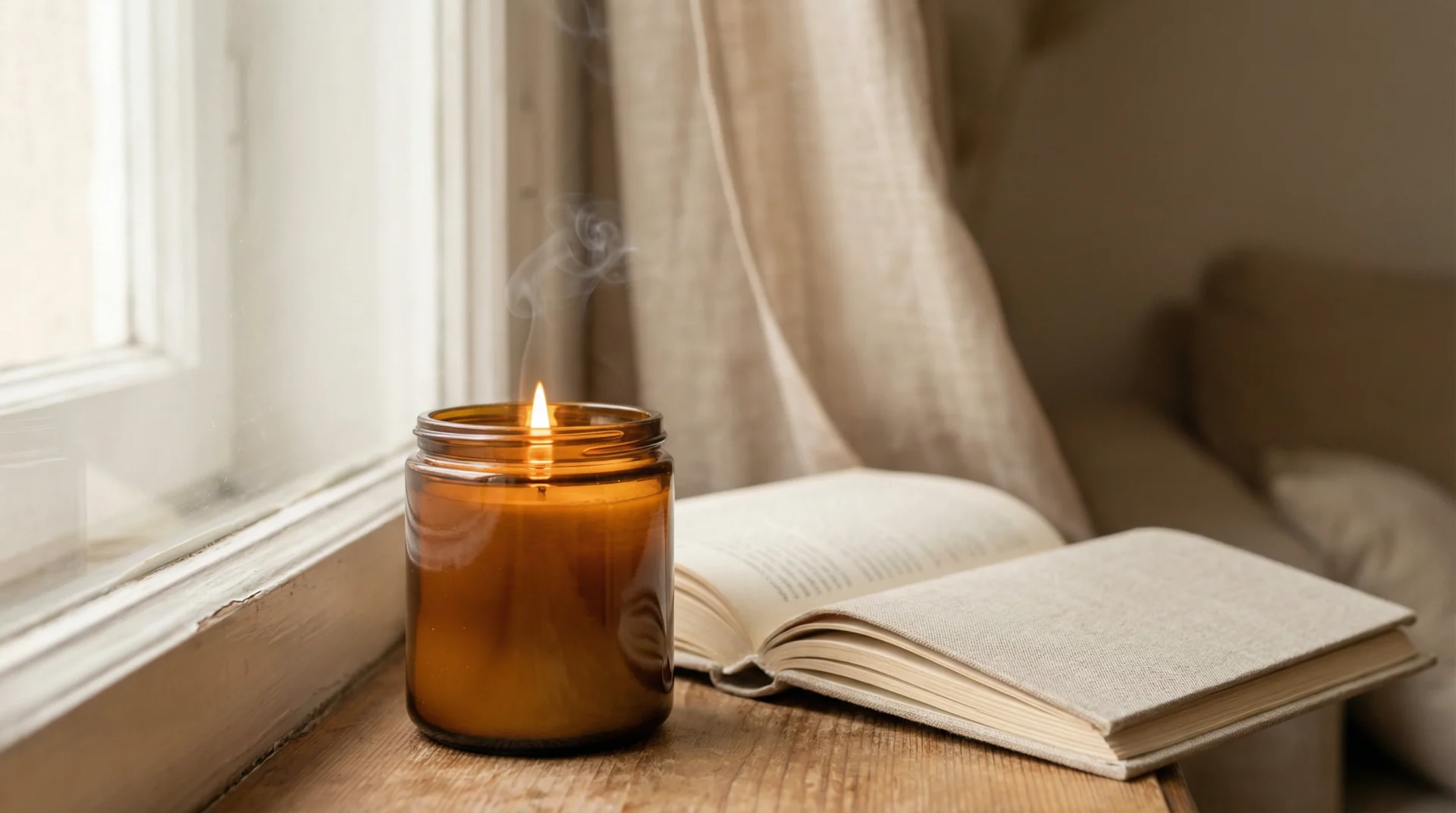 Top 10 des cadeaux écologiques utiles et durables 5 Une bougie à la cire de soja dans un pot en verre ambré, allumée sur un rebord de fenêtre à côté d'un livre, créant une atmosphère paisible.