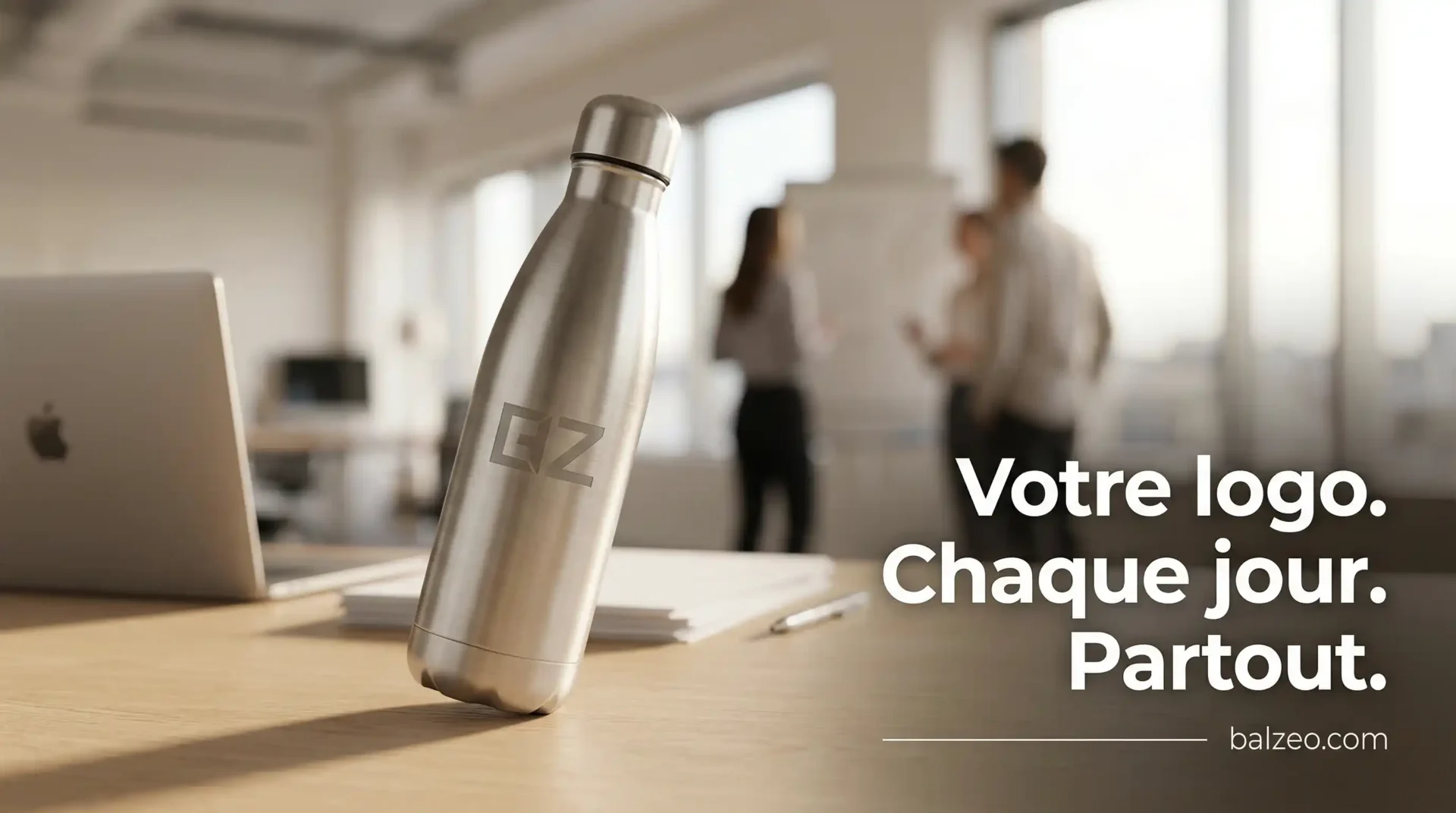 Gourde isotherme inox brossée avec logo entreprise gravé au laser sur bureau en chêne clair, open space lumineux en arrière-plan flou, texte blanc "Votre logo. Chaque jour. Partout."