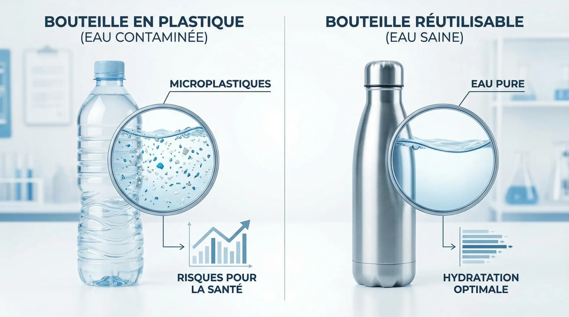 Interdiction du plastique 2026 : 7 alternatives essentielles 2 microplastiques eau en bouteille plastique vs gourde inox — comparaison santé interdiction plastique 2026