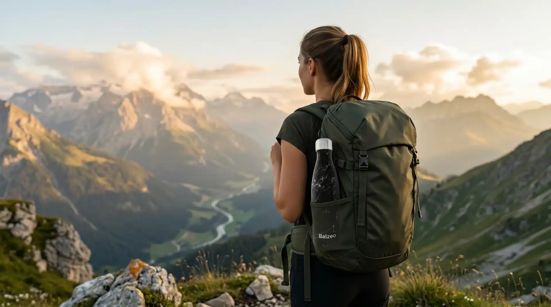 Bouteille isotherme Balzeo en acier inoxydable dans la poche d’un sac à dos d’un voyageur dans un terminal d’aéroport moderne, symbole de liberté et d’aventure