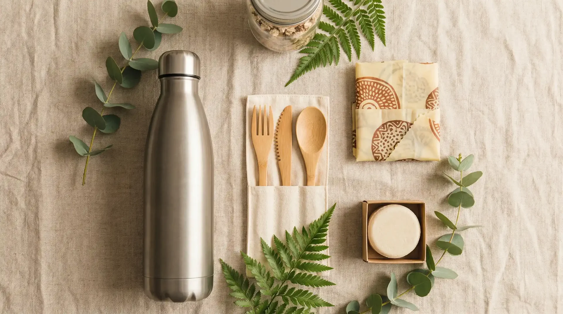 Interdiction du plastique 2026 : 7 alternatives essentielles 3 alternatives interdiction plastique 2026 — gourde inox bocal verre couverts bambou zéro déchet