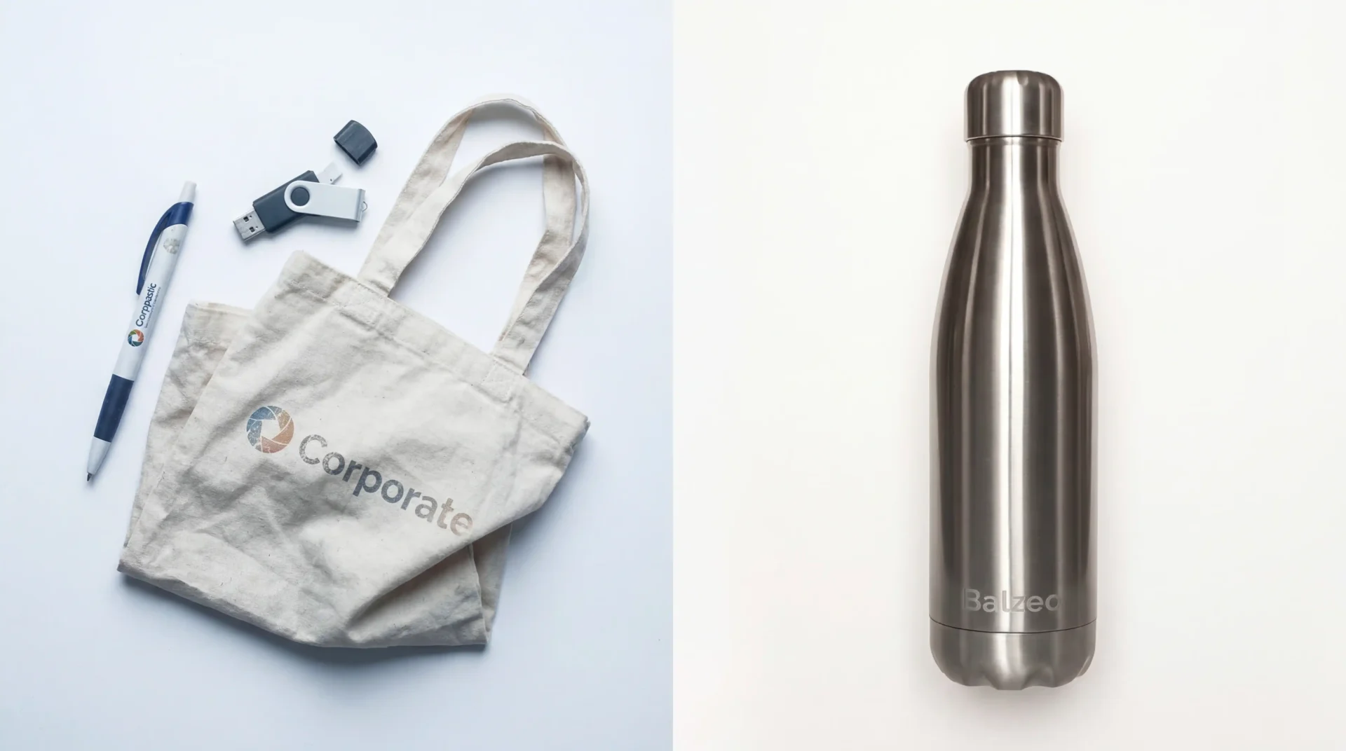 Gourde personnalisée entreprise : le guide complet 2026 1 Comparatif gourde personnalisée entreprise vs goodies traditionnels sur fond blanc, style flat lay professionnel