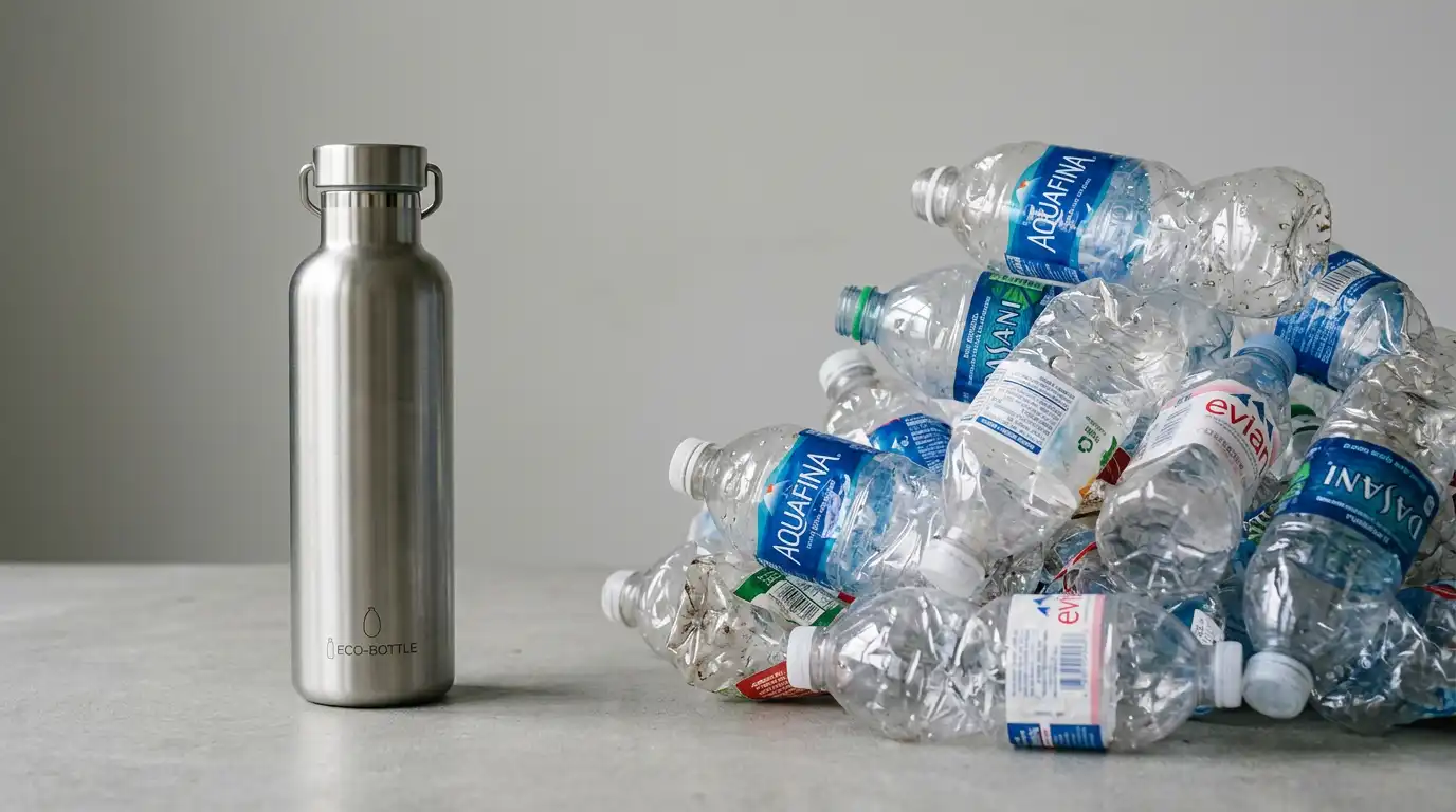 Combien d'eau boire par jour ? Le guide canicule 2026 4 Gourde en inox réutilisable face à des bouteilles en plastique jetables pour s'hydrater sans déchet