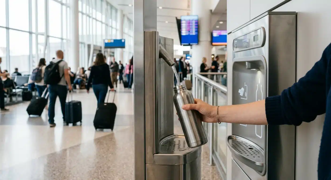 Voyager sans plastique cet été 2026 : le guide complet 2 Voyager sans plastique en avion : remplir une gourde réutilisable à une fontaine à eau d'aéroport après le contrôle de sécurité
