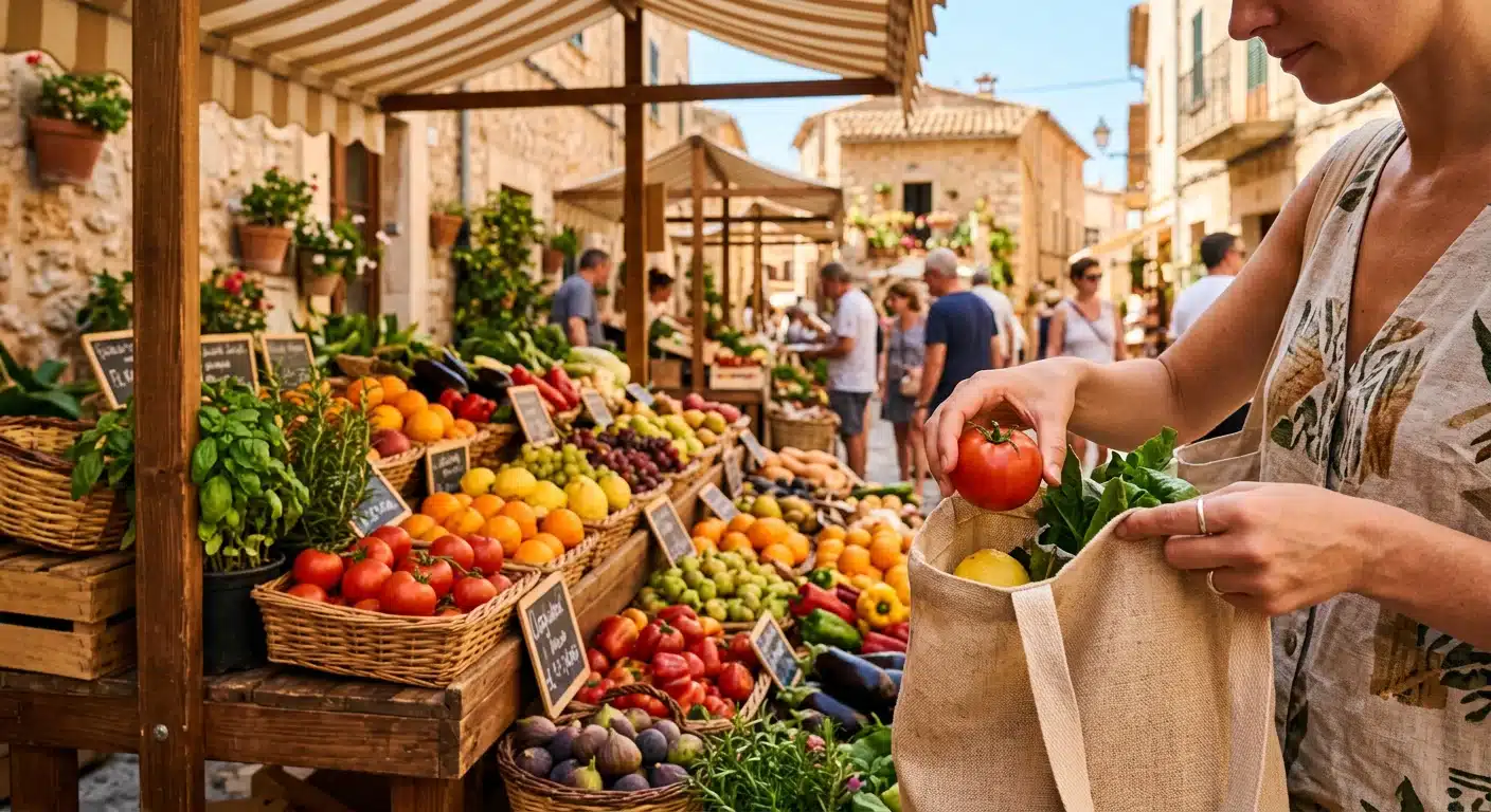 Voyager sans plastique cet été 2026 : le guide complet 3 Voyager sans plastique en vacances : marché local avec fruits et légumes achetés en vrac dans un sac en tissu