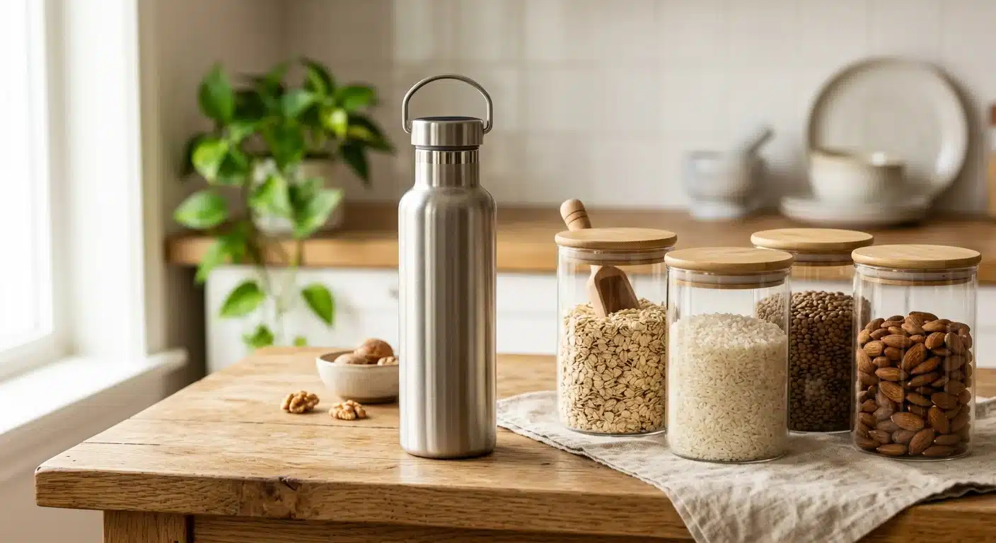 Traité mondial contre le plastique : pourquoi ça bloque en 2026 3 Réduire le plastique au quotidien : gourde en inox réutilisable posée à côté de produits en vrac
